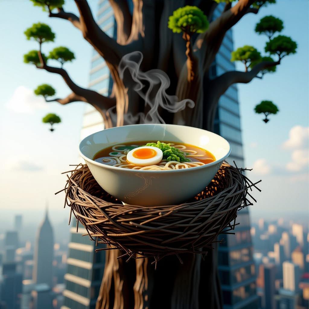 Colossal Ramen Bowl in Skyscraper Tree Nest