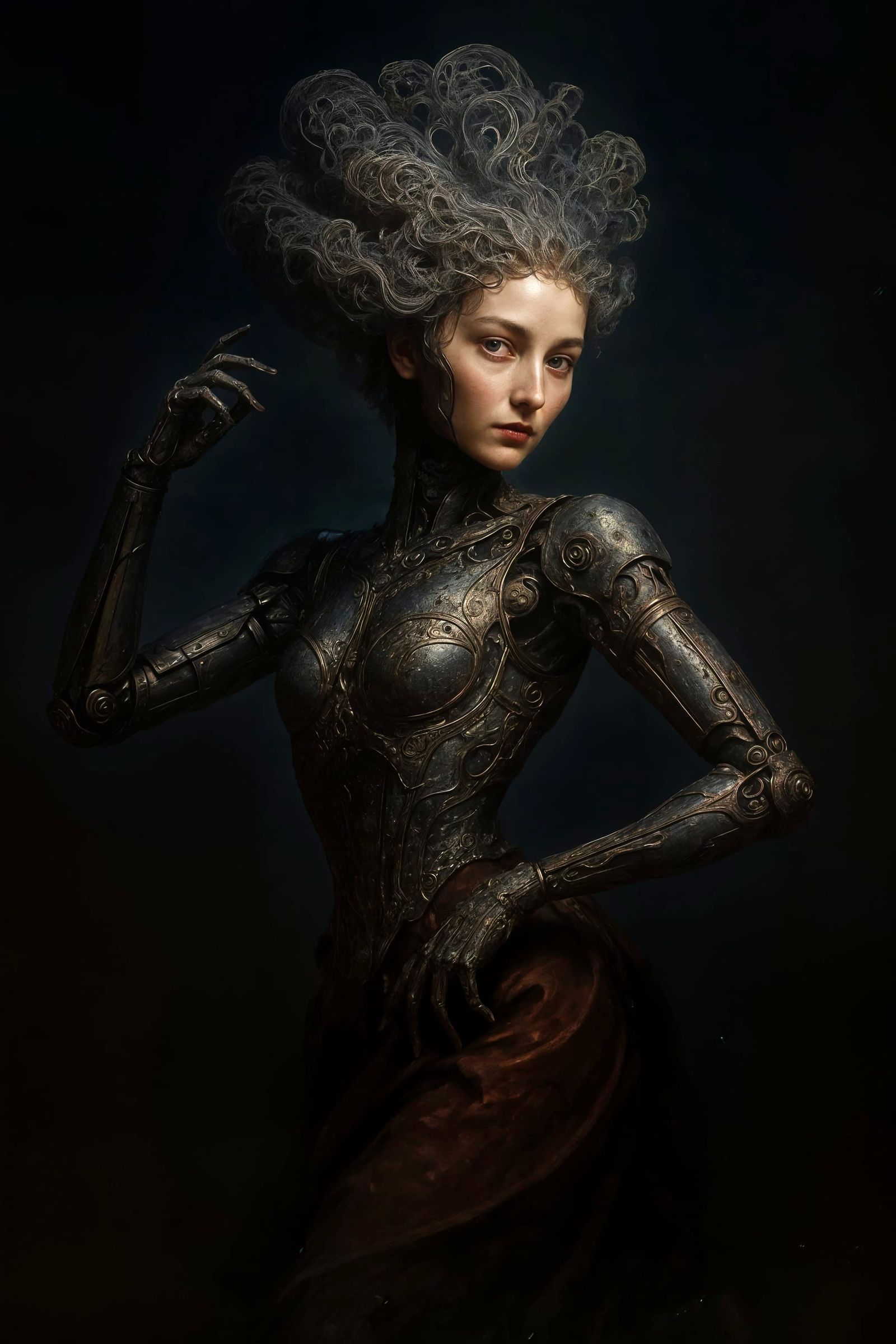 Victorian Cyborg with Lace Hair in Baroque Lighting