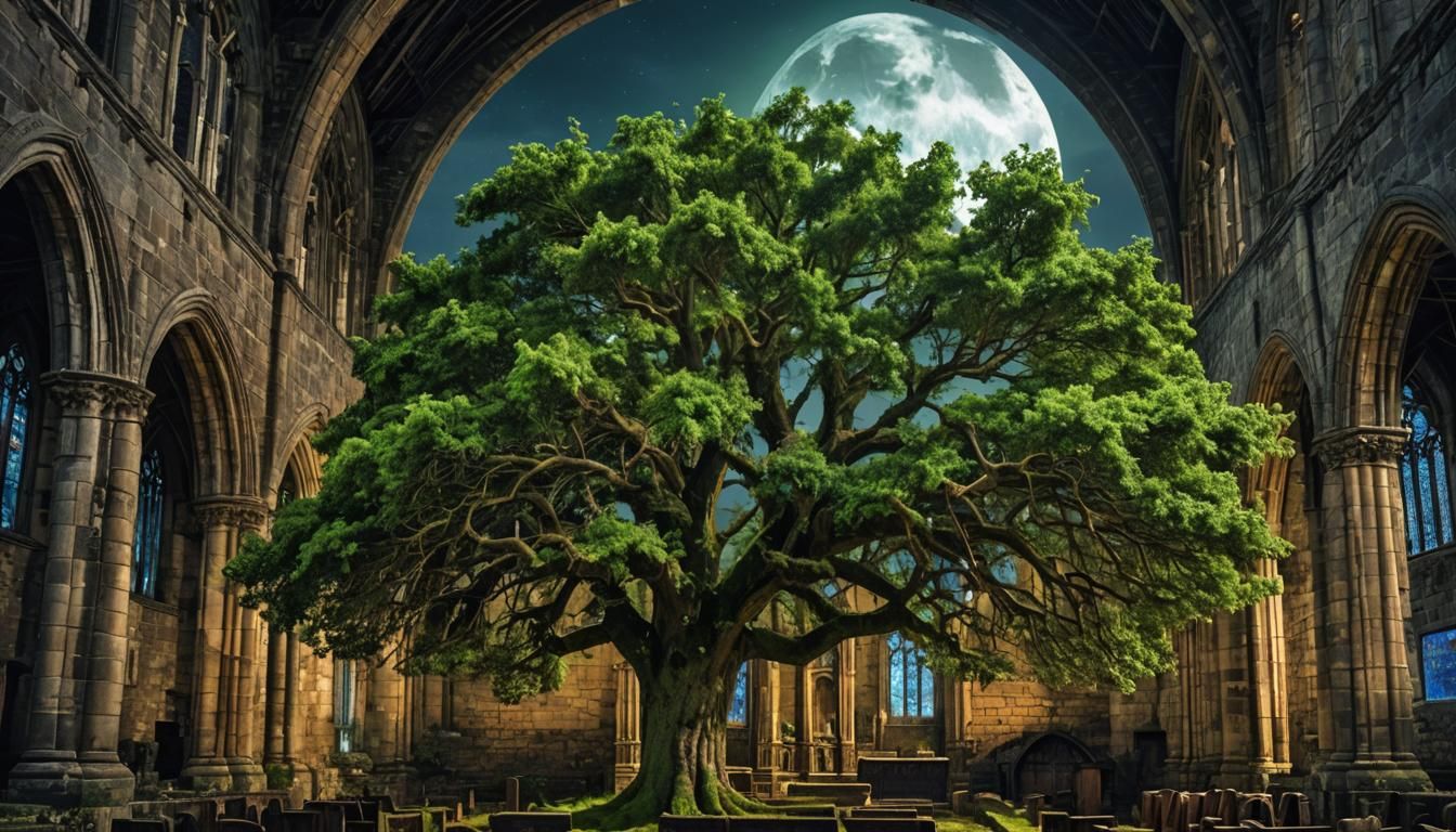 Hawthorn Tree Flourishes in Ruined Church at Night