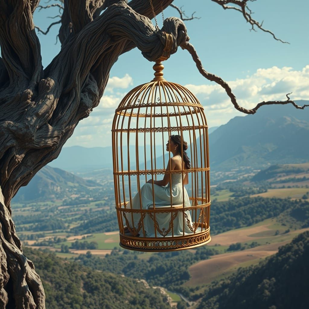 Woman in Golden Cage Overlooking Valley Landscape