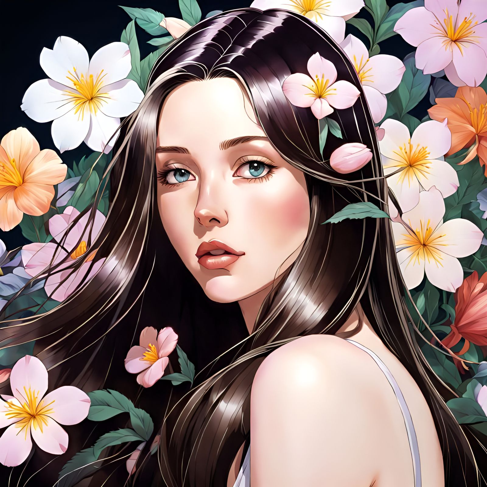 Anime Woman in Flowers, Hyperrealistic Illustration