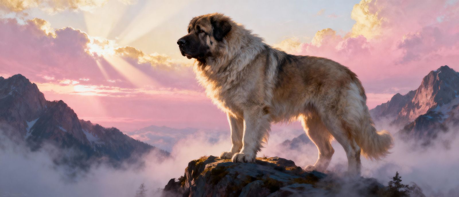 Majestic Kangal Dog on Misty Mountain Peak at Dawn