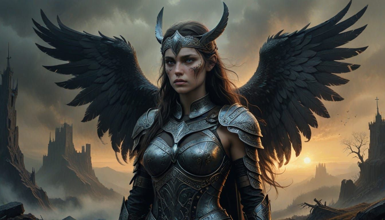 Cyber Gothic Valkyrie in Dark Battle-Scarred Landscape
