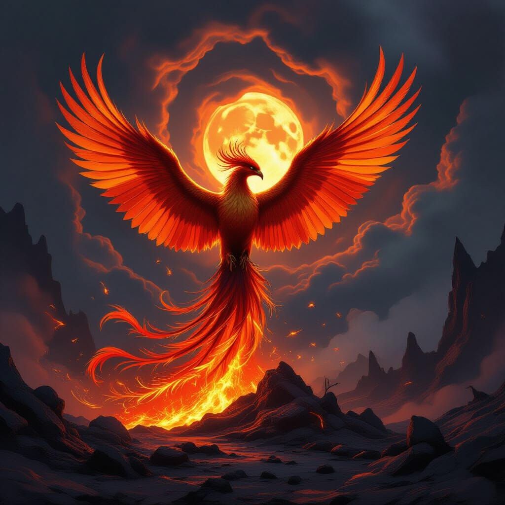 Majestic Phoenix Rises From Ashes in Volcanic Landscape