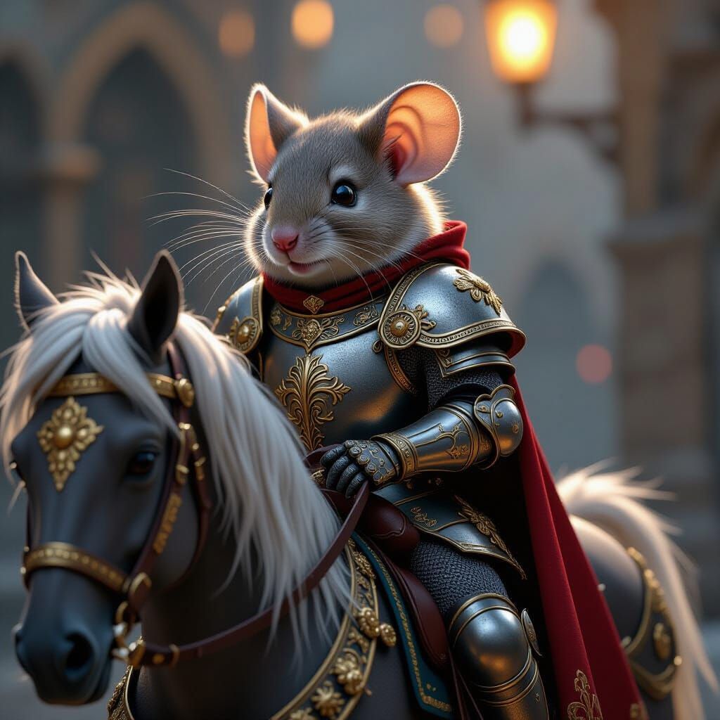 Mouse Knight on War Horse, Storybook Fantasy Art