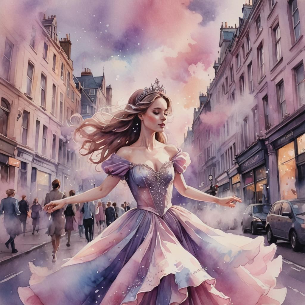 Princess Dancing in London, Watercolour Illustration