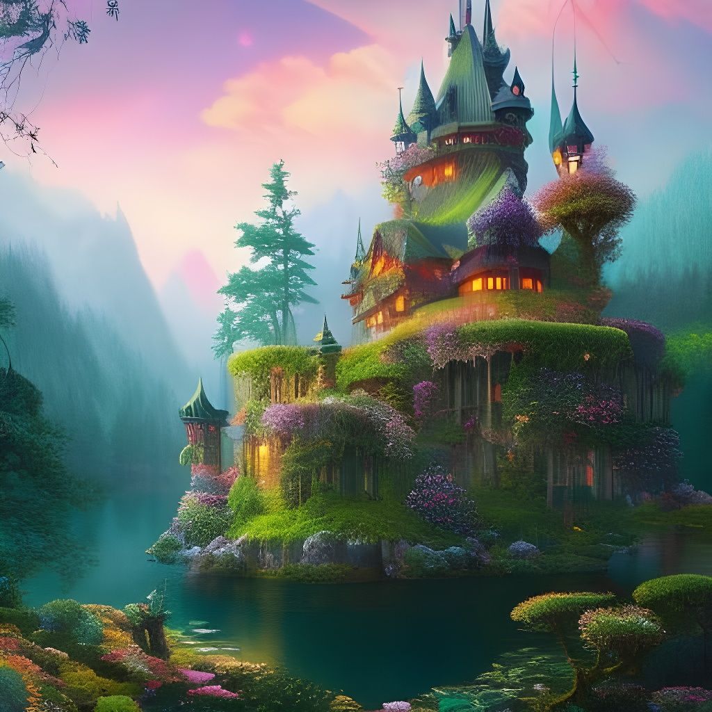 Whimsical Fairy Castle Library in Lush Wonderland