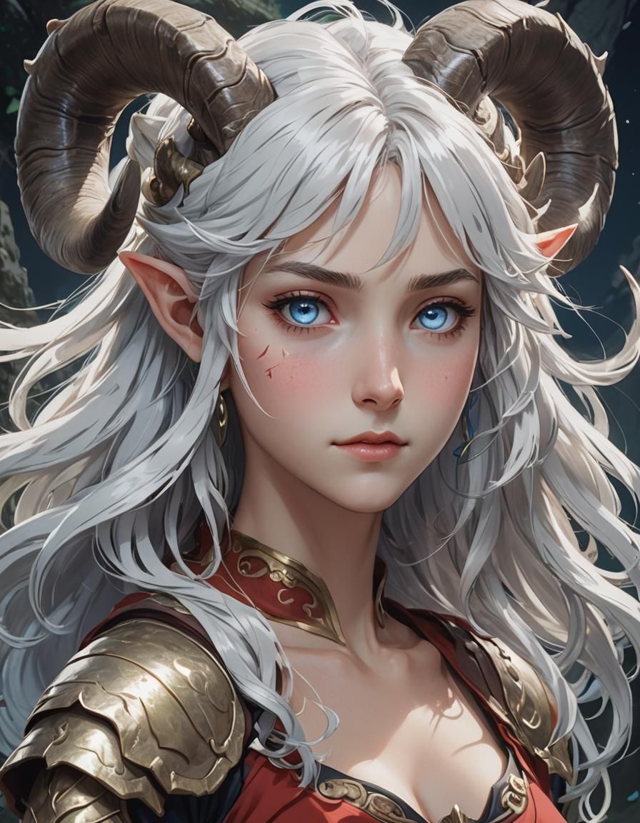 Half-Elf Woman with Horns in Anime Style