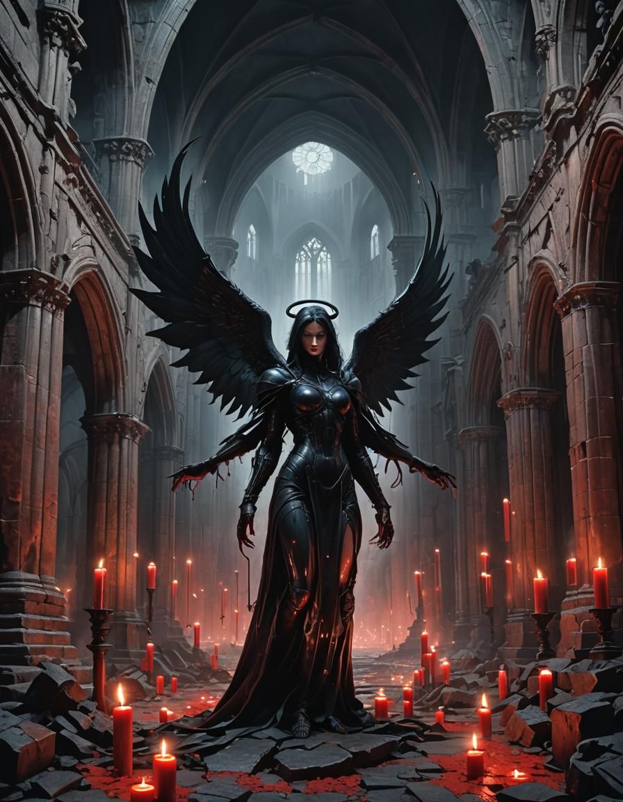 Fallen Angel in Cathedral: Dark Fantasy Art