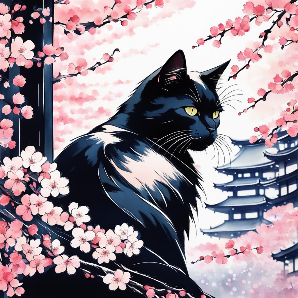 Cat and cherry blossoms