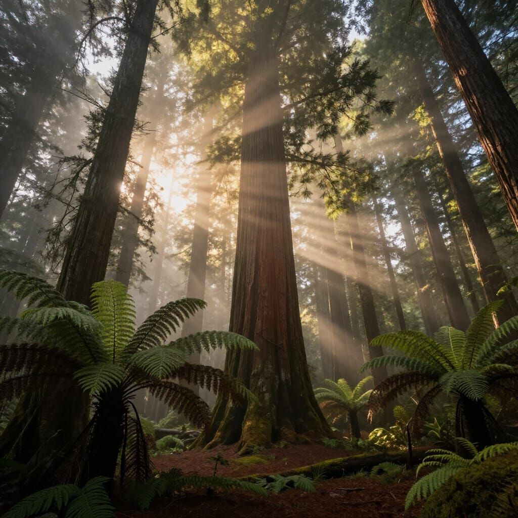 Ancient Redwood Forest at Dawn with Golden Light