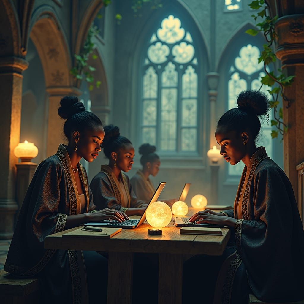 Mystical Coders in Gothic Chamber, Ethereal Art