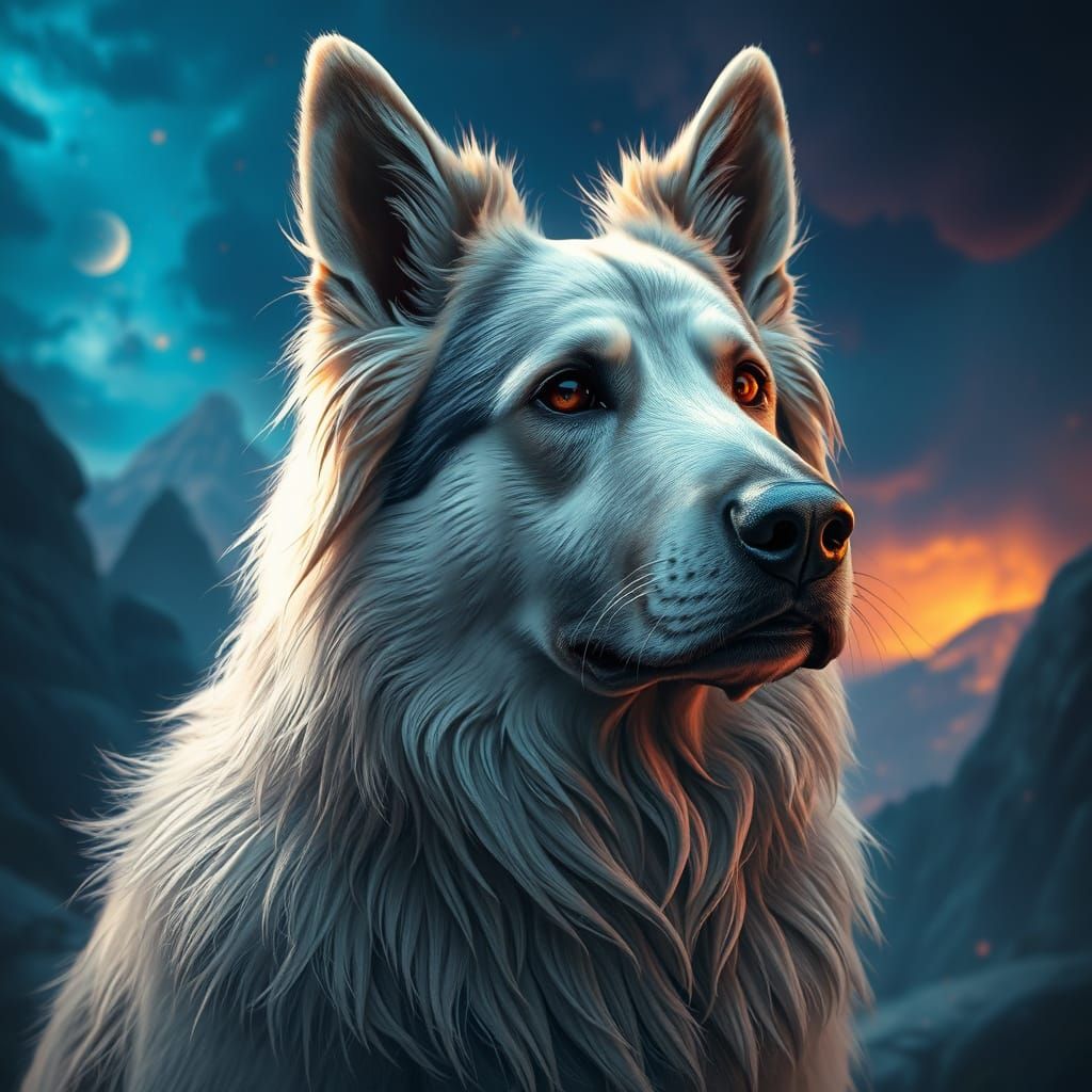 Regal Weisser Schäferhund in Dreamlike Landscape