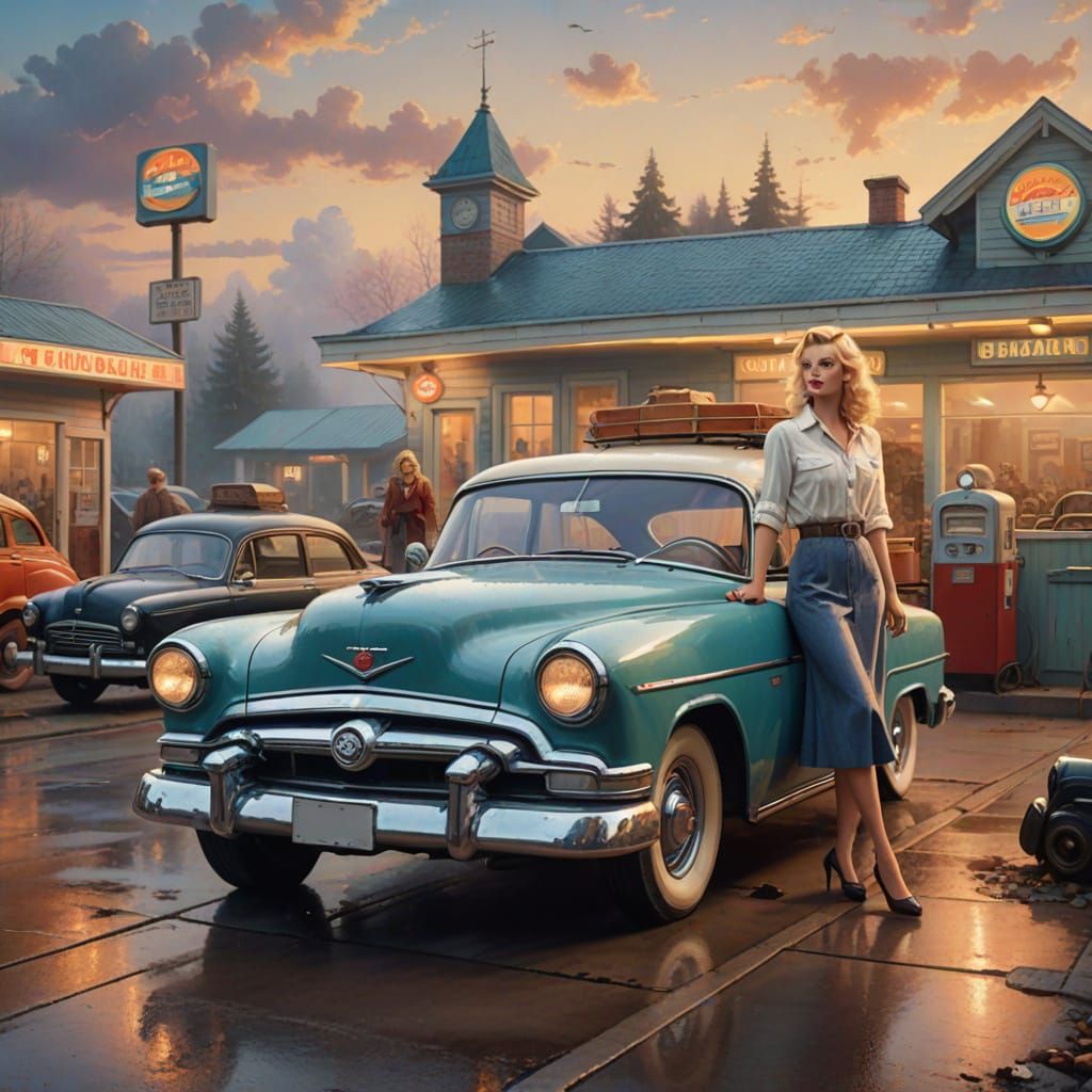 Vintage Pinup Girl at Gas Station in Kinkade Style