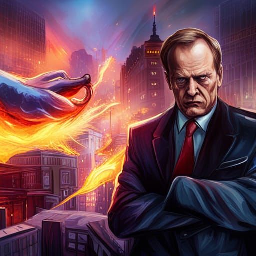 Donald Tusk as Supervillain: Hyperrealistic Destruction