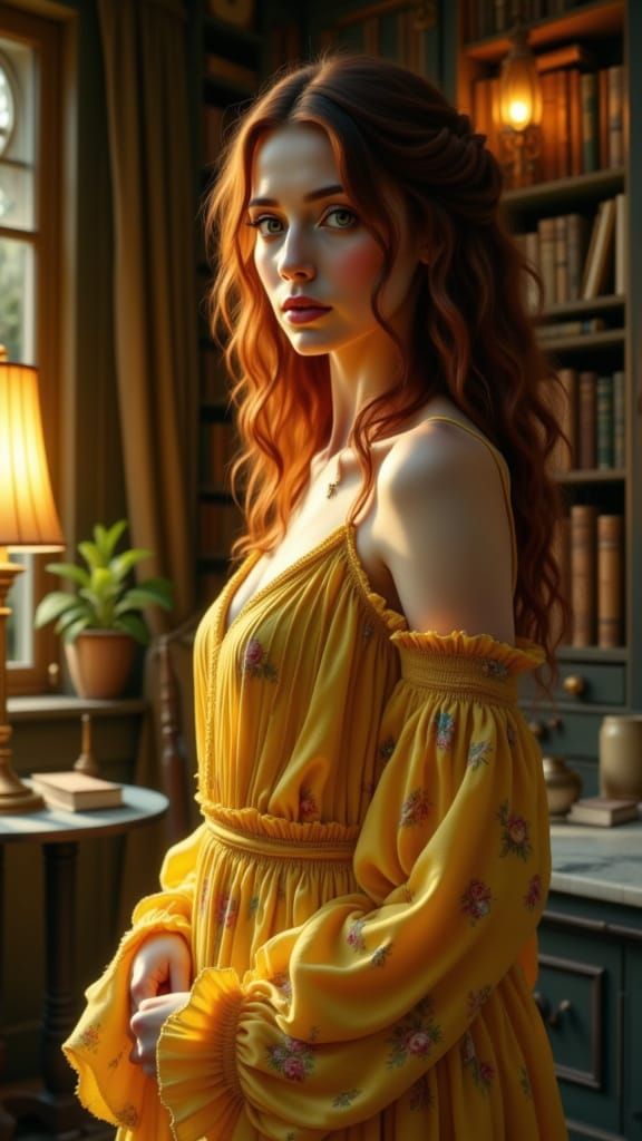 Young Woman in Cozy Living Room, Cinematic Matte Painting