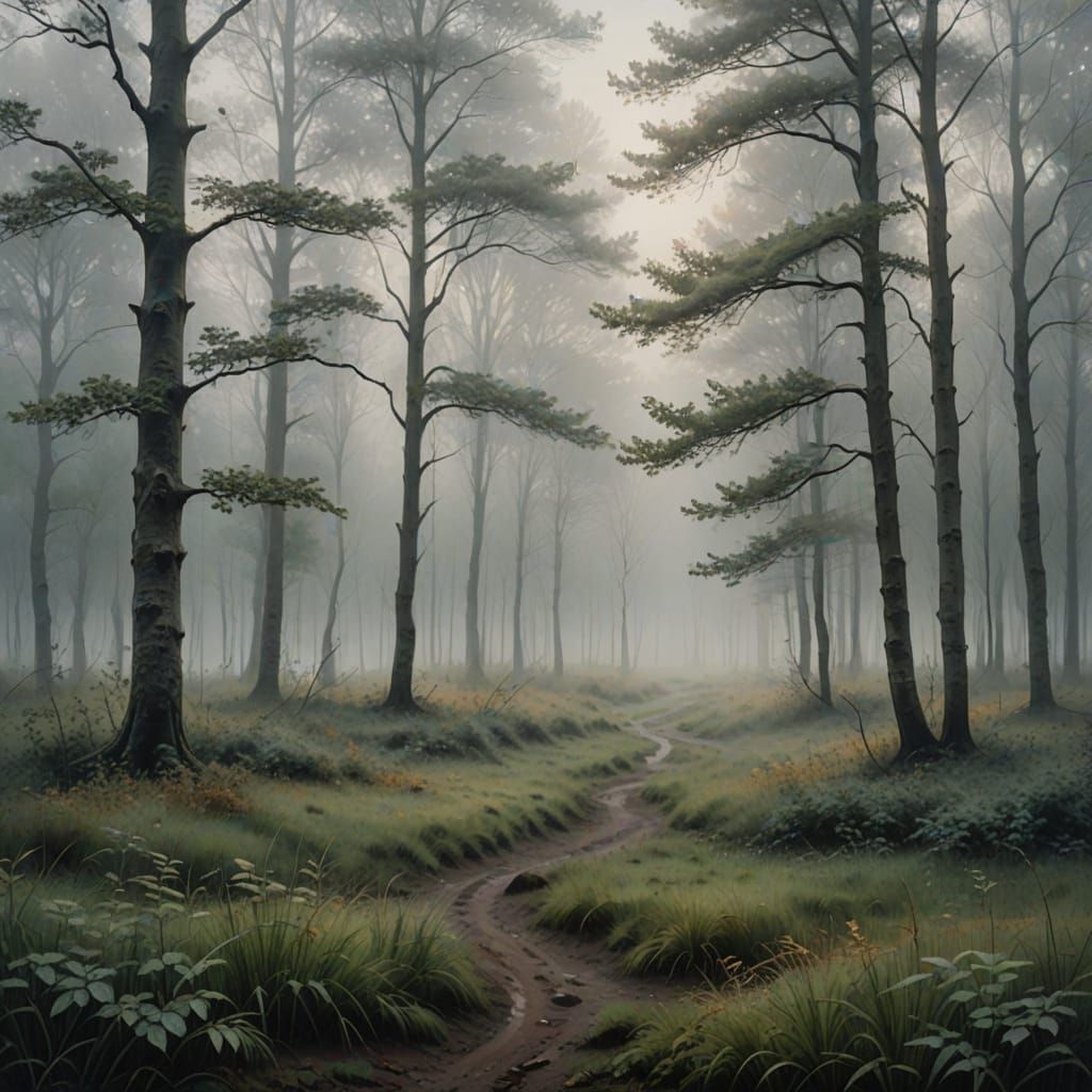Misty Forest Glade: Atmospheric Landscape Painting
