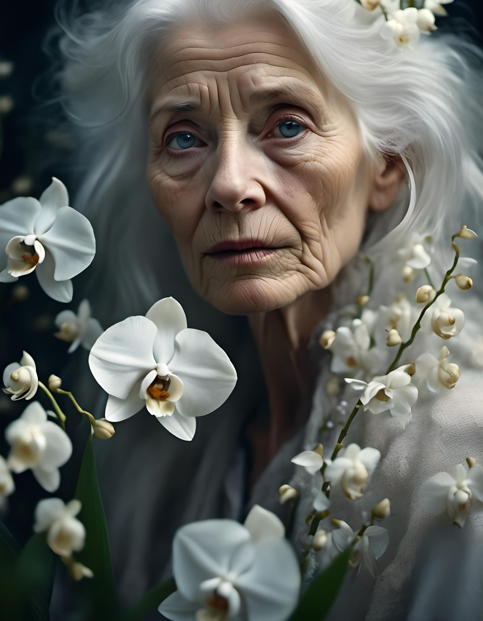 Macro Portrait of Woman with White Orchids