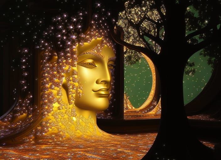 Vishnu Face in Starry Galaxy, Photorealistic 3D Render