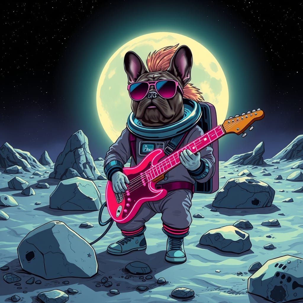 French Bulldog Rockstar on the Moon in Retro-Futuristic Styl...