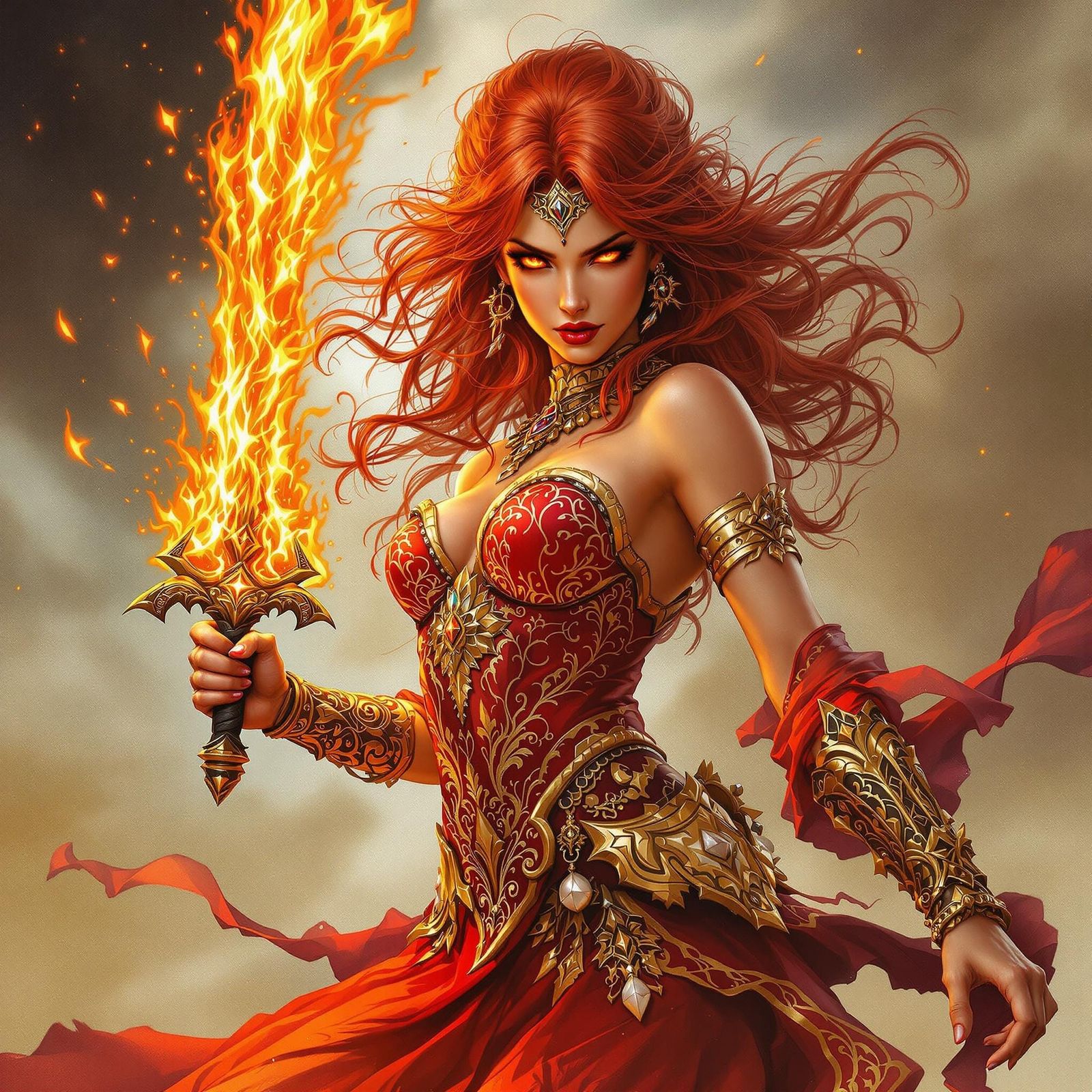 Fiery Red-Haired Warrior with Blazing Sword