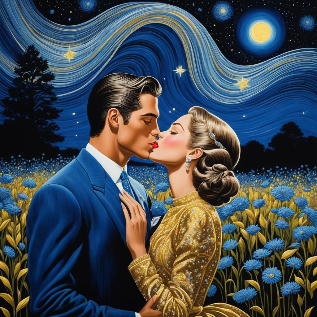 Romantic Kiss in Starry Flower Field: Hyperrealistic Style