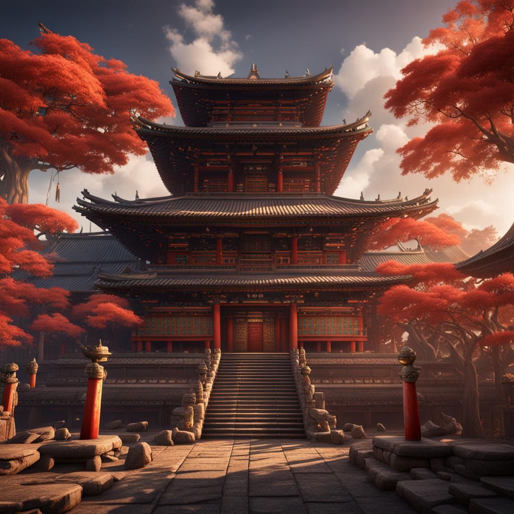 Japanese Temple in Aztec Style: Detailed Matte Painting