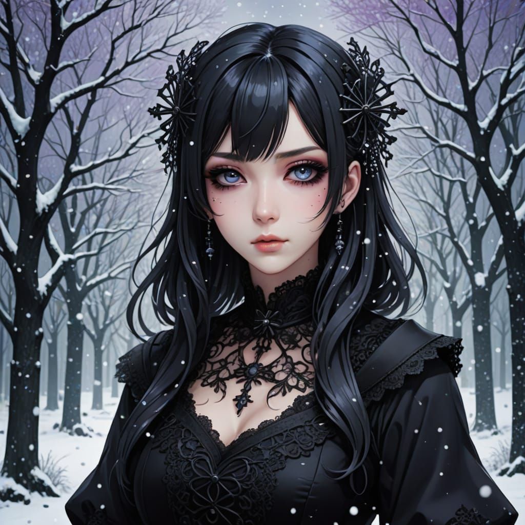 Sultry Snow Goth Girl in Pastel Blues and Purples