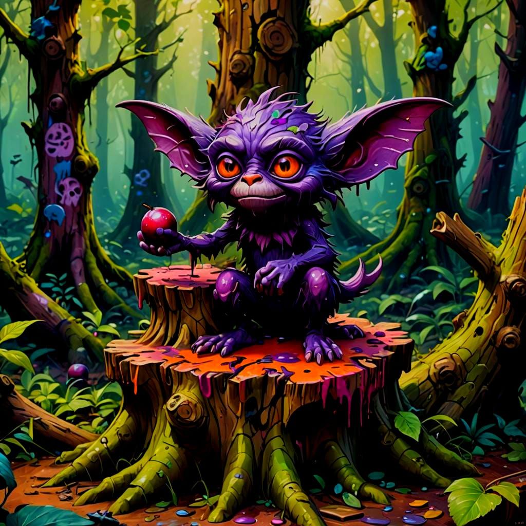Plum Gremlin in Fantasy Forest: Graffiti Art Style