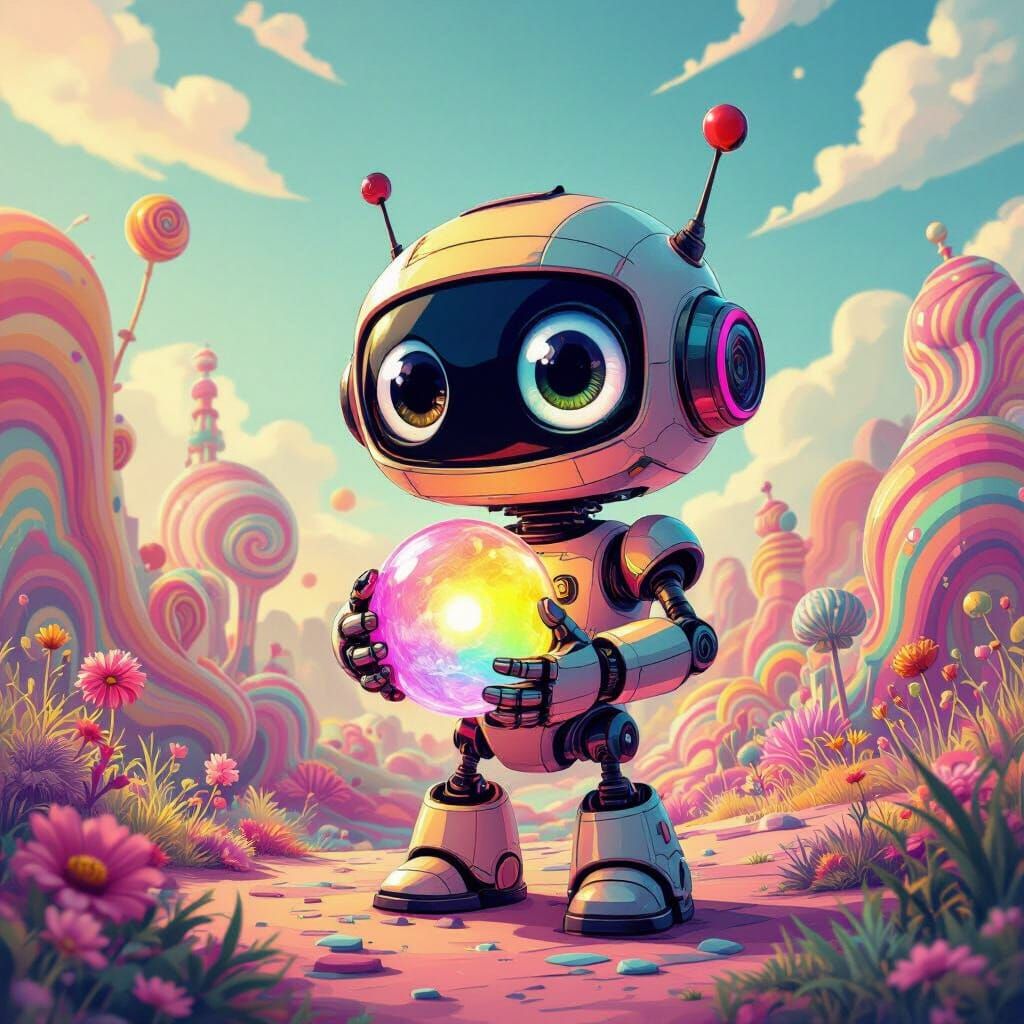 Playful Robot Holding Glowing Orb on Candy Landscape