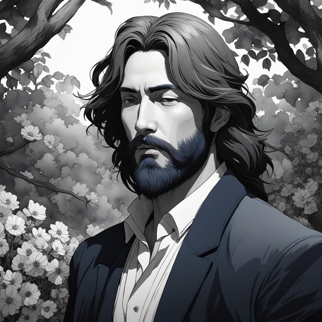 Man with Flowers in Hair, Watercolor Style