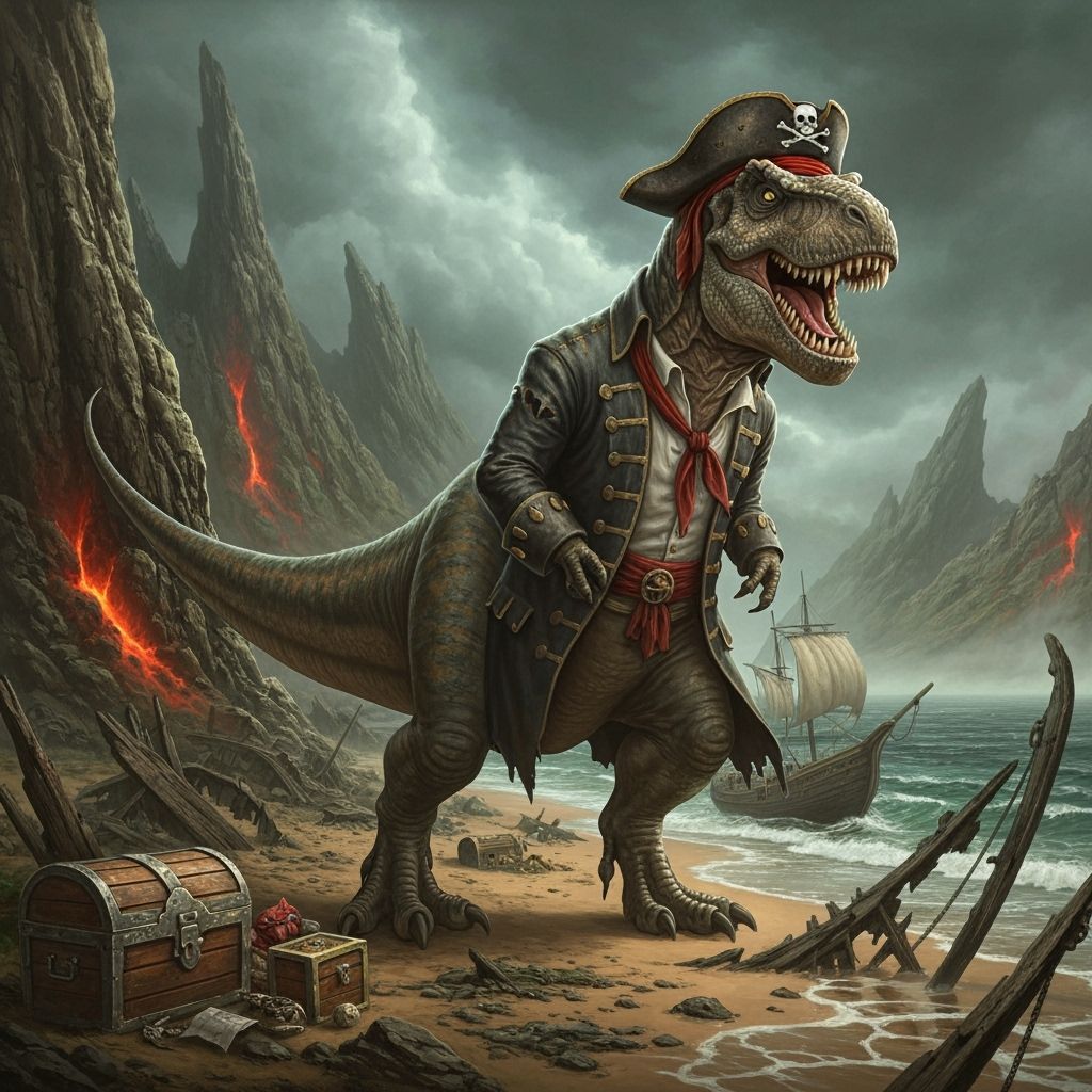 Pirate T-Rex on Shipwreck Beach, Fantasy Art Style