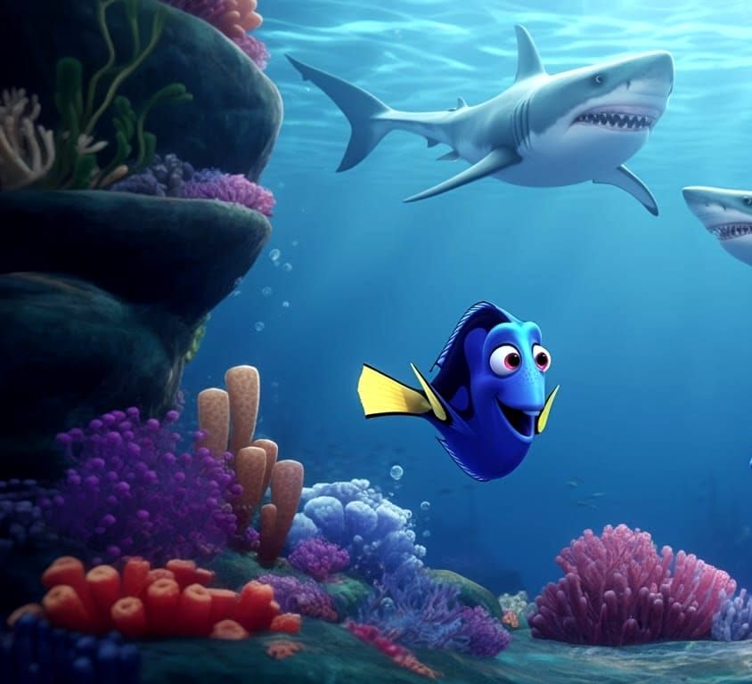 Finding Nemo Talking to Sharks in 3D Anime Art