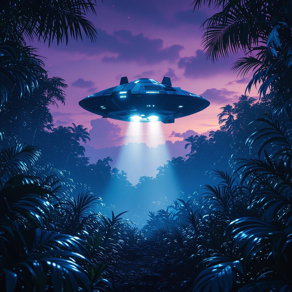 Starship Lands in Alien Jungle: Cinematic Sci-Fi Art