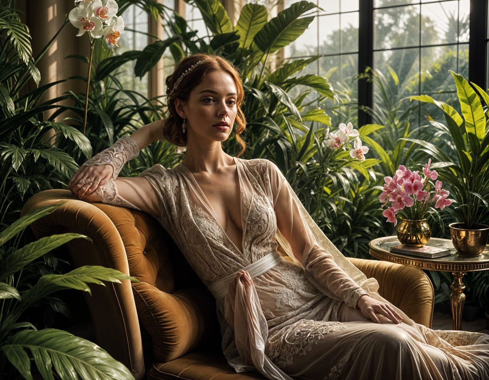 Woman in Sun-Drenched Conservatory, Renaissance Style