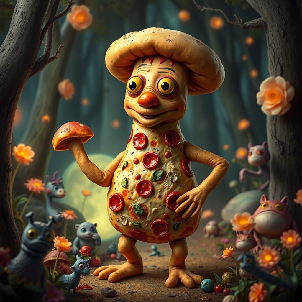 Pizza Creature in Fantastical Forest: Surreal Puppet Art