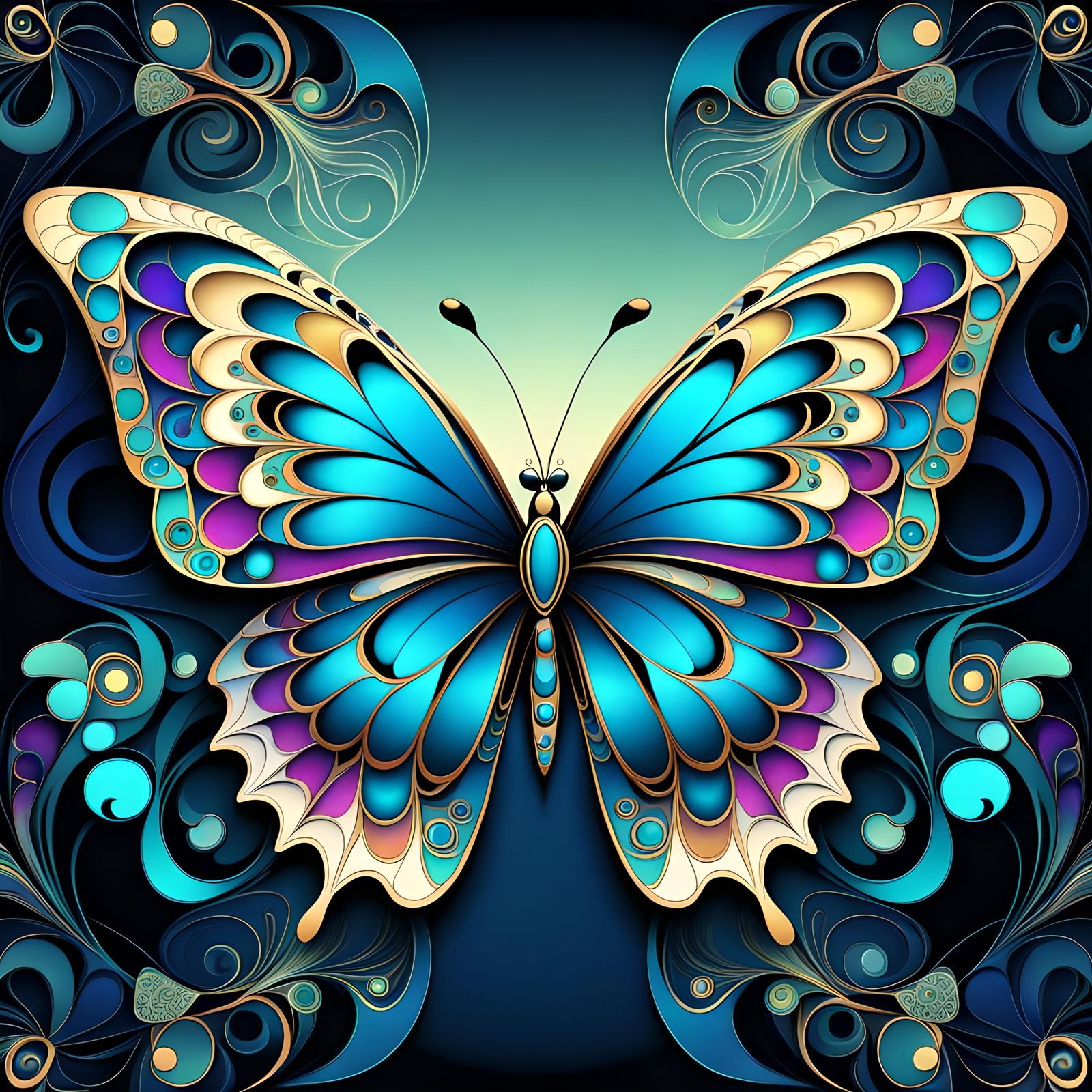 Art Nouveau Fractal Butterfly in Abstract Vector Style