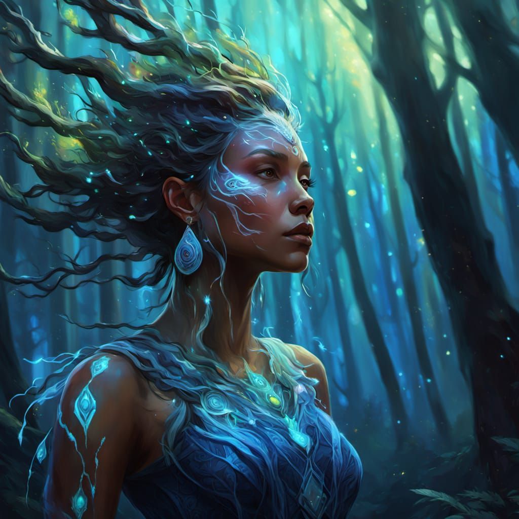 Celestial Dryad in Otherworldly Forest, Digital Art