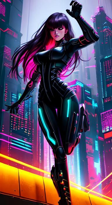 Cyberpunk Pin-Up Girl in Futuristic Cityscape