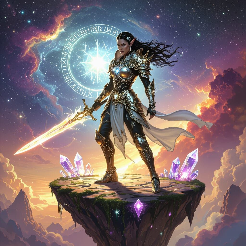 Celestial Elf Warrior Amidst Swirling Nebula