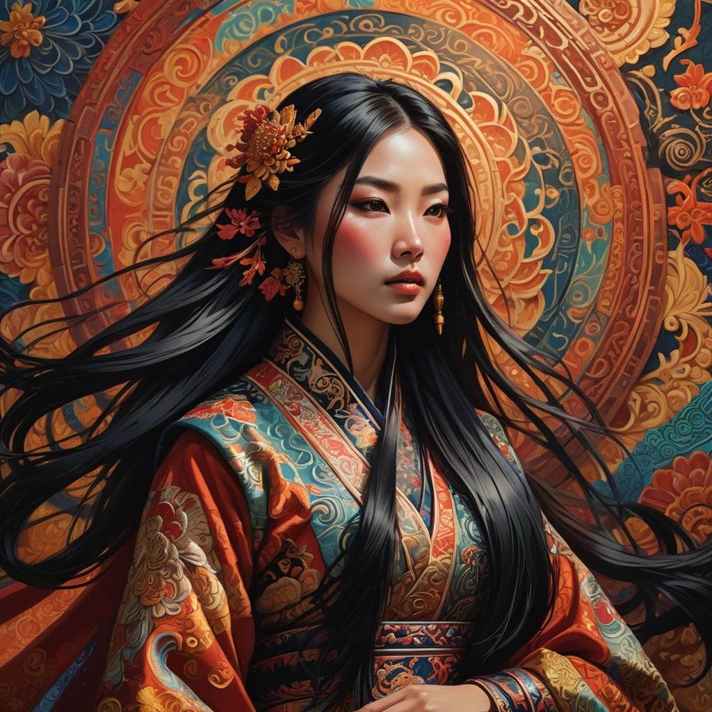 Ethereal Asian Beauty in a Whirling Vortex