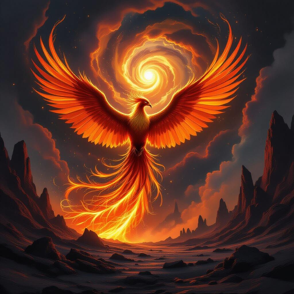 Majestic Phoenix of Fire and Gold Erupts from Volcanic Lands...
