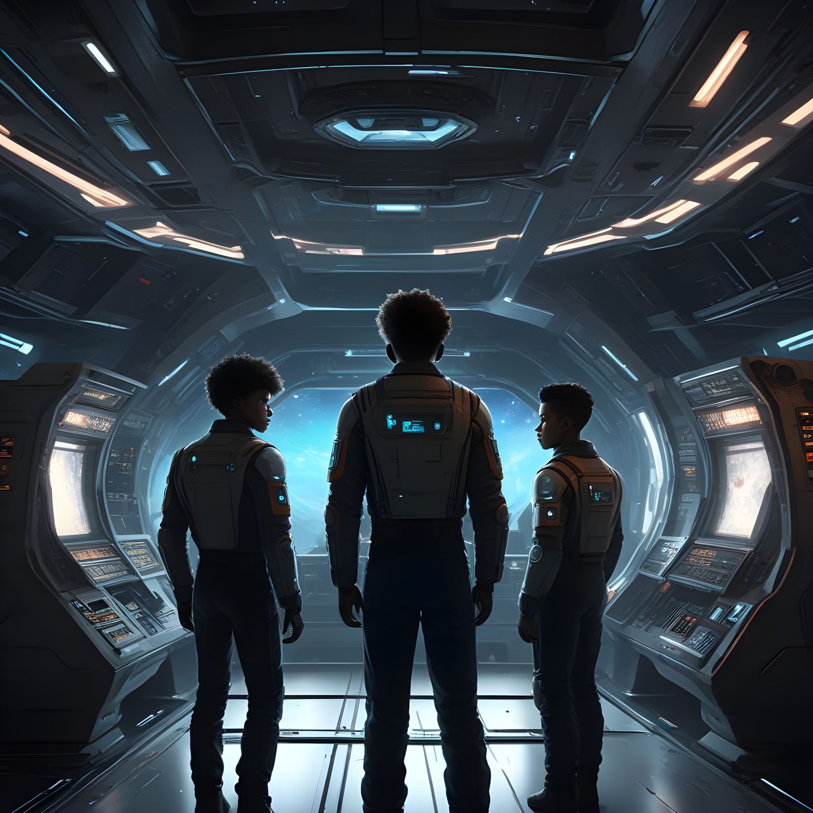 Two Young Boys Soar in a Futuristic Space Ship