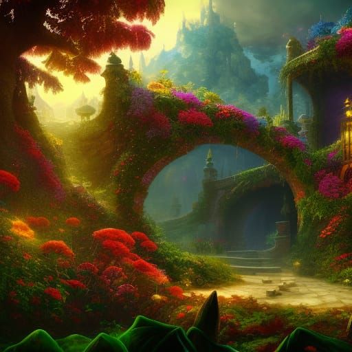 fantasy garden detailed matte painting, deep color, fantastical, intricate detail, splash screen, complementary colors, ...