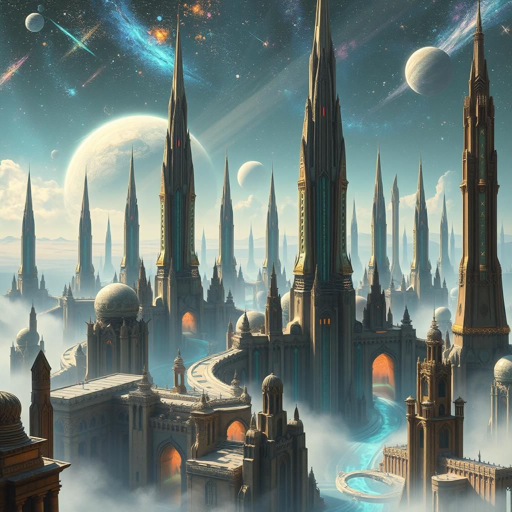 Futuristic Alien Metropolis with Cosmic Sky