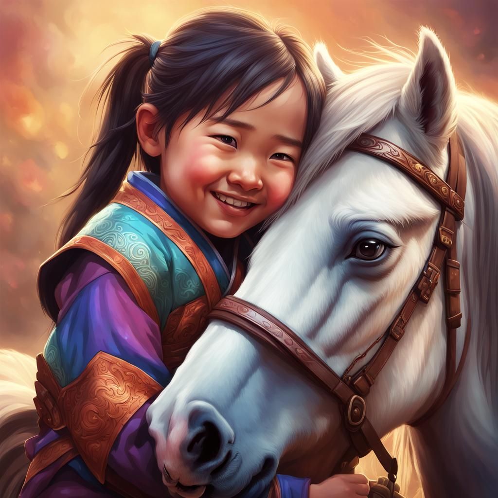 Smiling Toddler Hugging Pony: Hyperdetailed Portrait