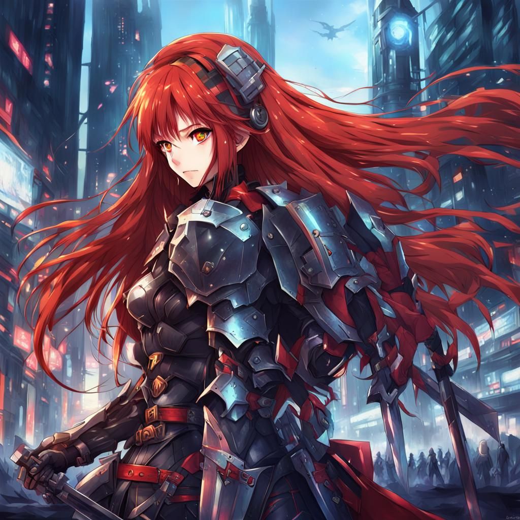Cyberpunk Anime Knight with Long Red Hair