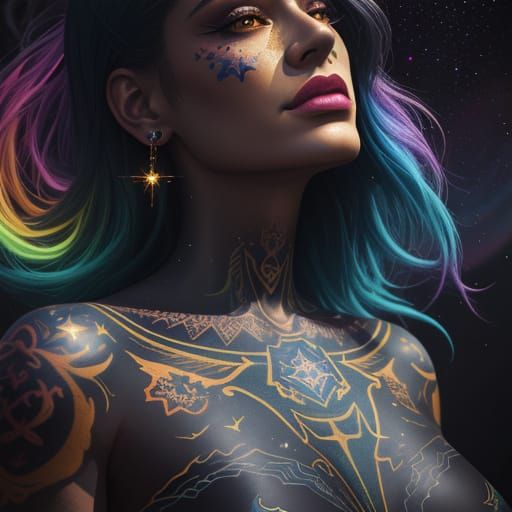 Tattooed Woman in Surreal Dreamlike Oil Painting