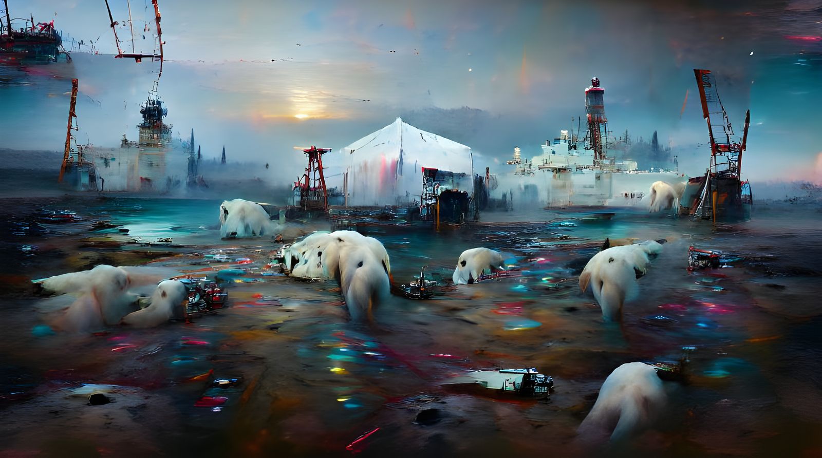 Polar Bears in Frozen Martian Landscape
