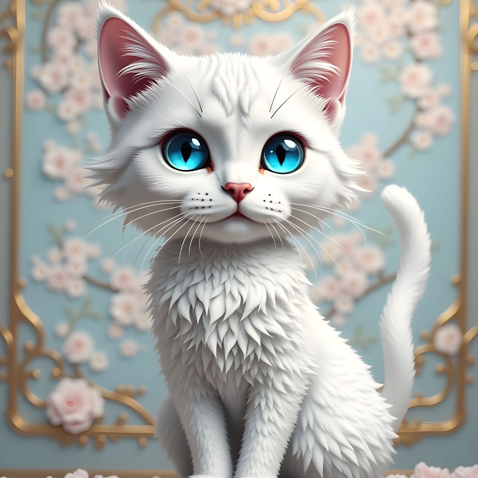 Feminine Cartoonish White Persian Cat in Blue Glass Eyes